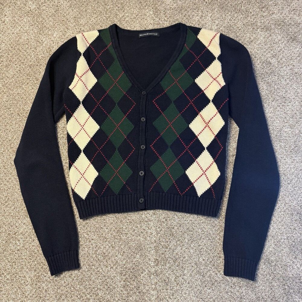 Brandy Melville Argyle V Neck Sweater Button Front Cardigan Sweater OS Navy